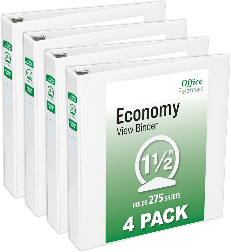 Office Essentials Economy View 3 Ring Binders, 1.5" Round Rings, 2.1" Spine, 275-Sheet Capacity, White Binders, Ideal for Occasional Use and Light Referencing (4-Pack of 03128) - Image 1